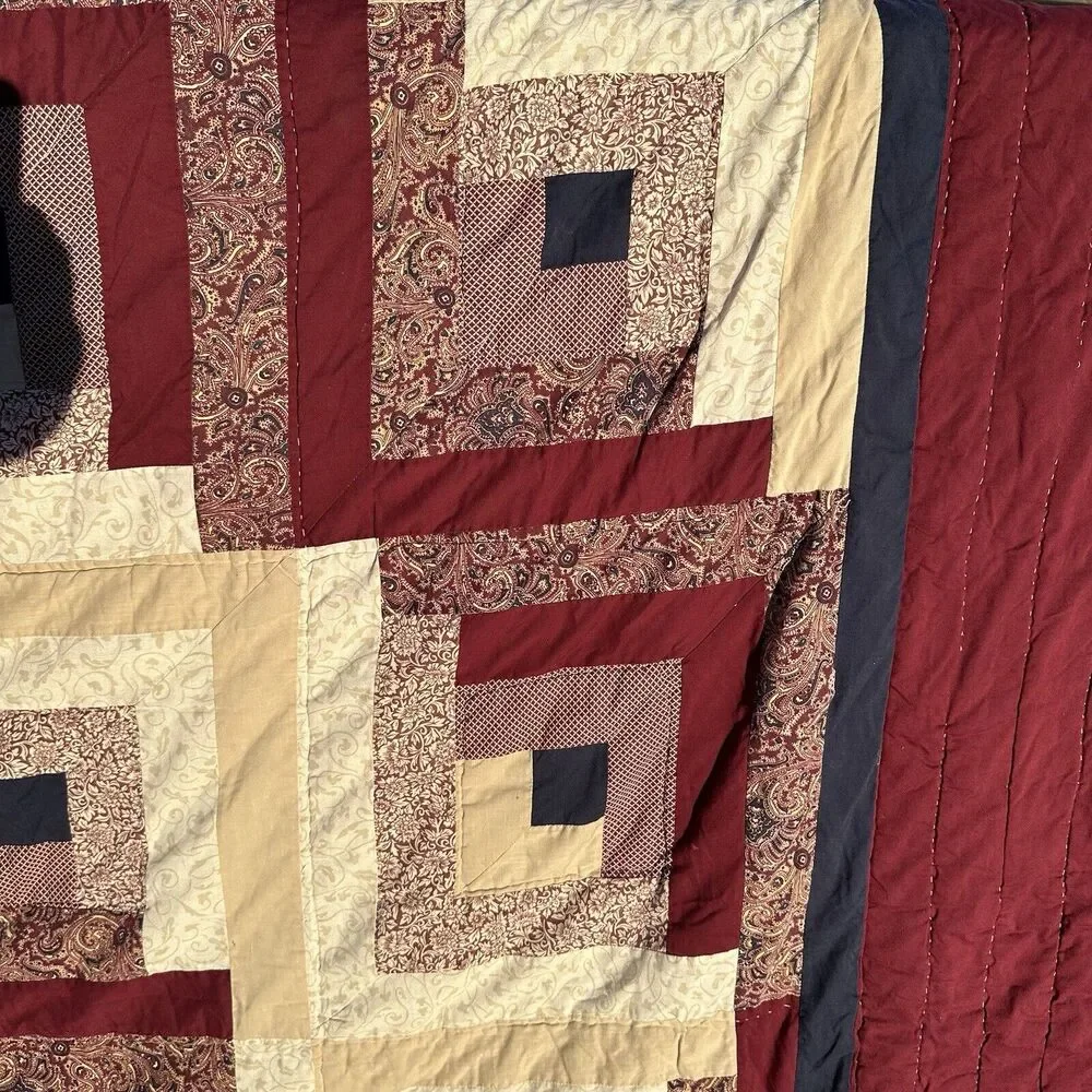 Vintage Hand Stitched Patchwork Quilt Burgundy Classic Log‎ Cabin